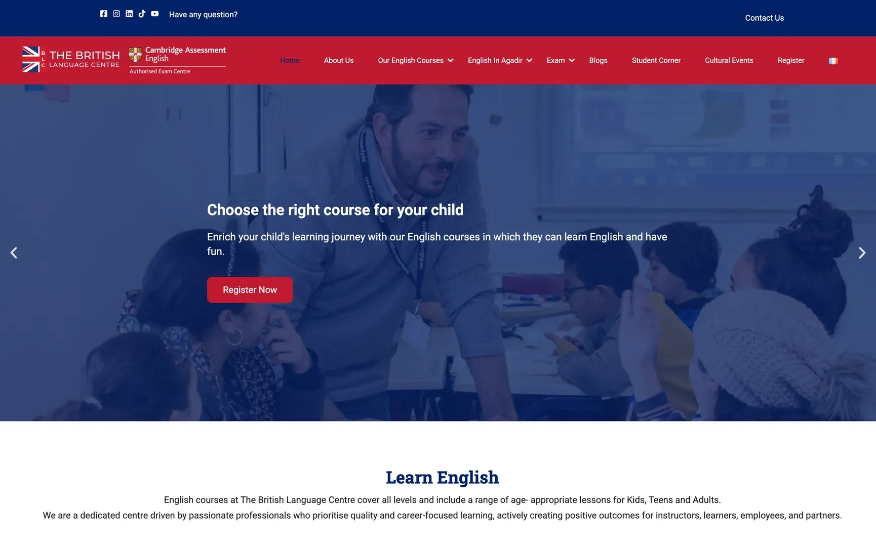 Interface du projet British Language Centre