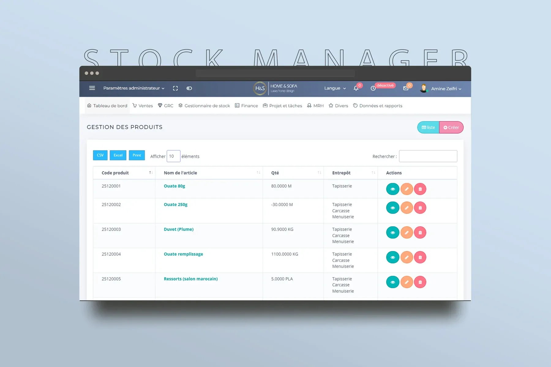 Interface du projet Home & Sofa