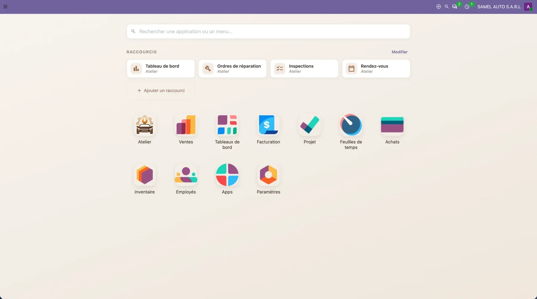 Les applications Odoo installées pour Samel Auto, dont l’Atelier du module Odoo Garage