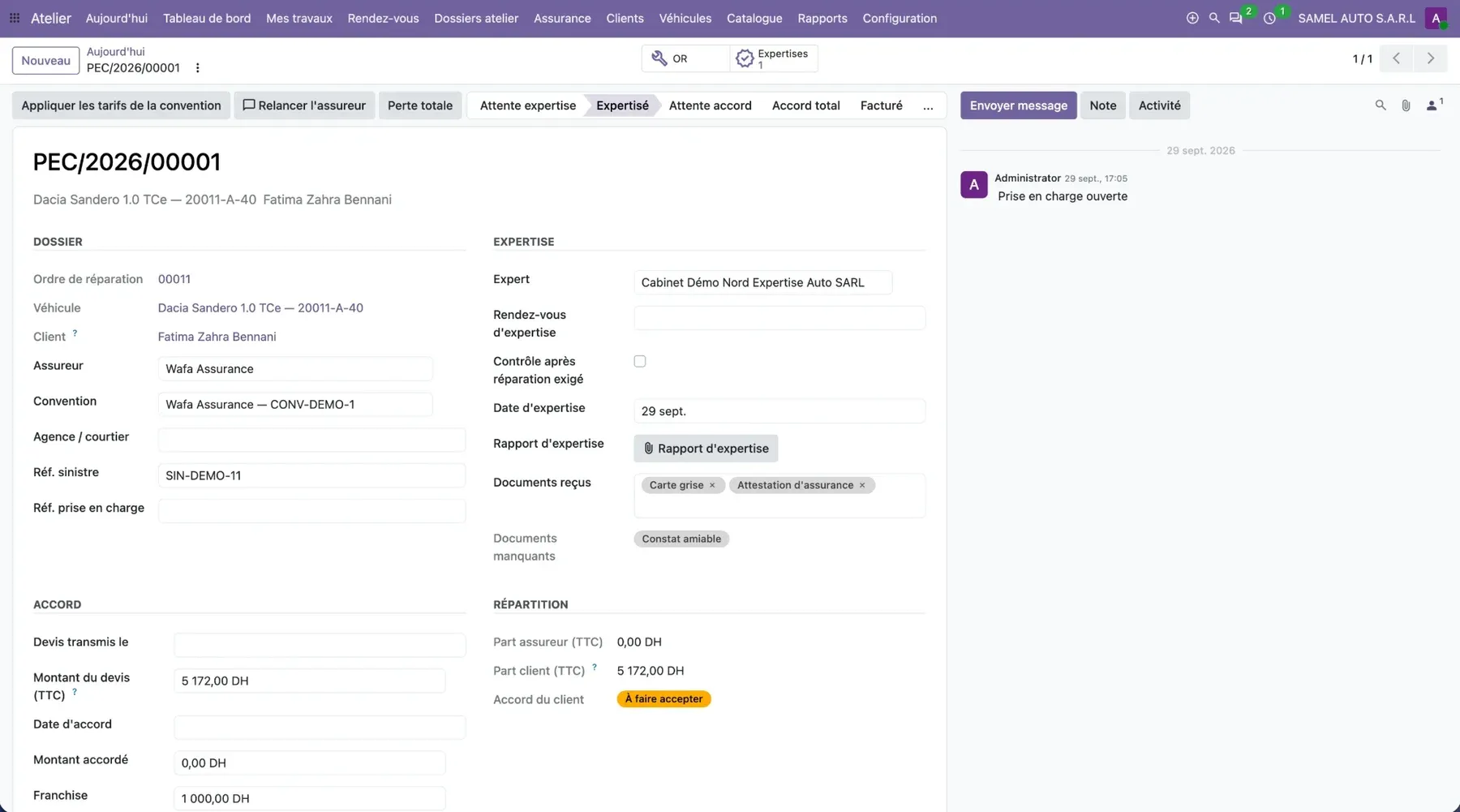 Une prise en charge assurance : expert, documents reçus, répartition entre l’assureur et le client