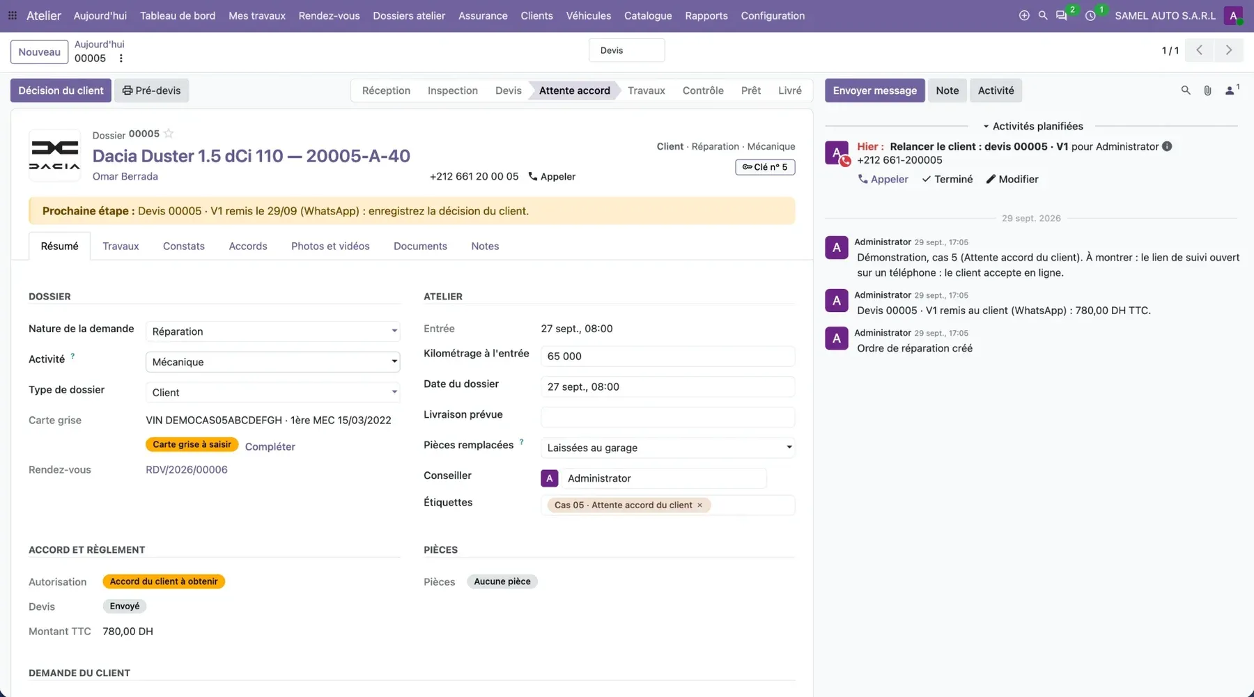 Un ordre de réparation : véhicule, client, devis remis par WhatsApp et prochaine étape